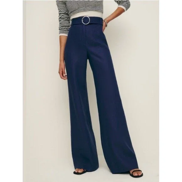 Reformation Ace Linen Pant Blue Women’s  Belted Wide Leg Pants SZ 4