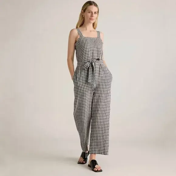 Quince European Linen Square Neck Jumpsuit in‎ Khaki/Black Gingham Medium NWT