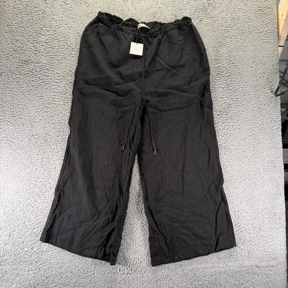 Zara Pant Women 2XL Black Linen Cropped Straight Leg Trouser Baggy Preppy Career