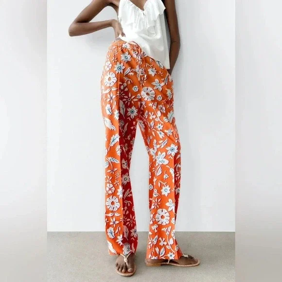 Zara Linen Blend Floral Printed Pants Trousers High Rise Wide Leg Size Small