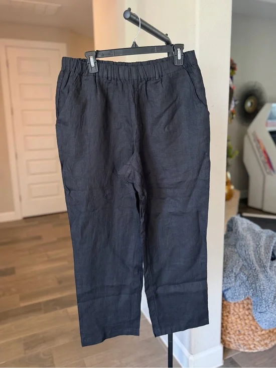 Quince 100% European Linen Pants Black Cropped Elastic-Waist Length 25