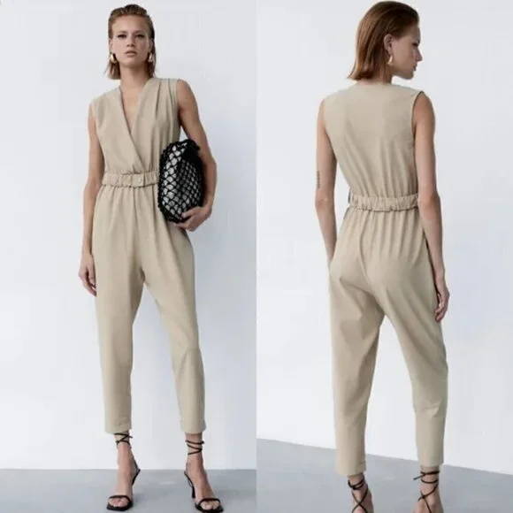 New Zara Textured Linen Blend V-Neck Sleeveless Belted Tan Jumpsuit NWT Size XS