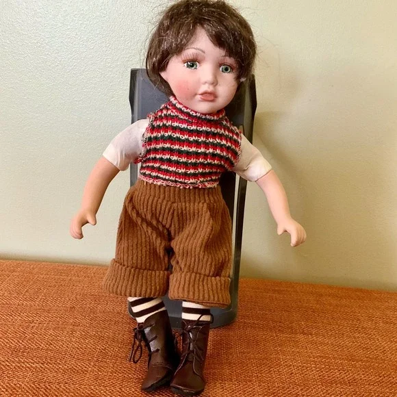 Vintage Porcelain Boy Doll Green‎ Eyes Knit Vest Corduroy Pants 12