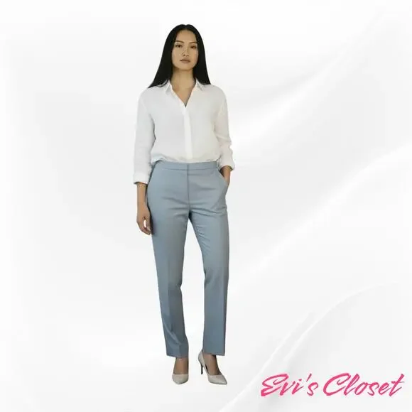 Mango MNG Women's Straight Leg Trousers Light Blue Sz 8 Linen Blend Mid Rise