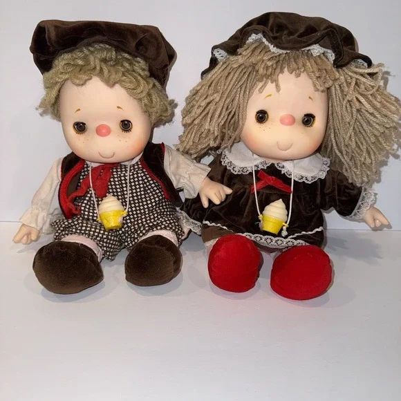 Vintage 1980 J Shin Ice Cream Doll Lot of 2 Boy Girl Plaid Dress Outfits 11