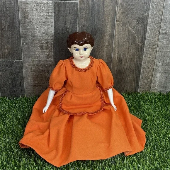 Vintage German Porcelain Doll‎ Orange Dress Hand Painted Face AS IS