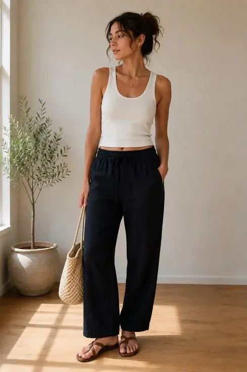 Zara Black 100% Linen Drawstring Pants Womens Size 32 Relaxed Cropped Casual