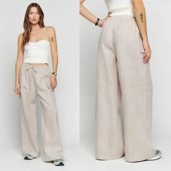 Wide Leg Drawstring Linen-Blend Pants in Beige