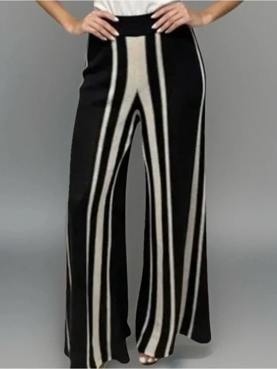 Zara Linen Blend Knit Pull On Wide Pants Women’s L Black Cream Striped Lagenlook