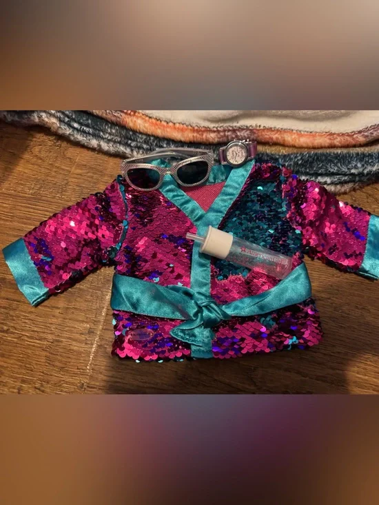 American Girl doll sequined jacket born to sparkle watch, sunglasses. Water bott