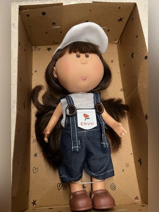 New, Mia Potato Fashion Doll with Brown Hair and White Cap - Cute Jean Overalls