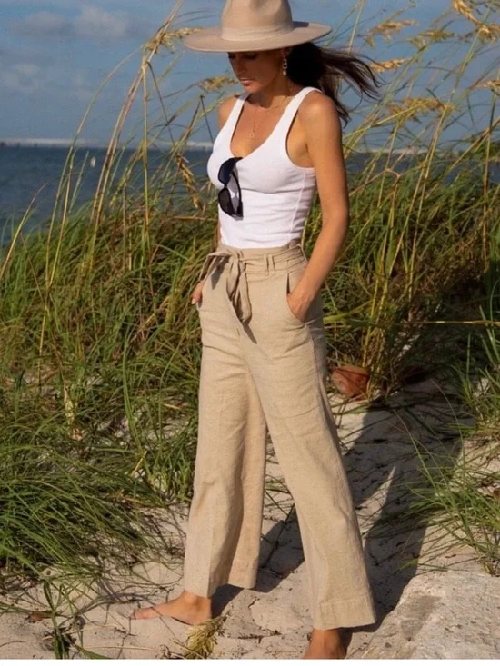 WORN ONCE! LIKE NEW! H&M LINEN BLEND WIDE LEG PAPERBAG TIE WAIST PANTS SIZE 4