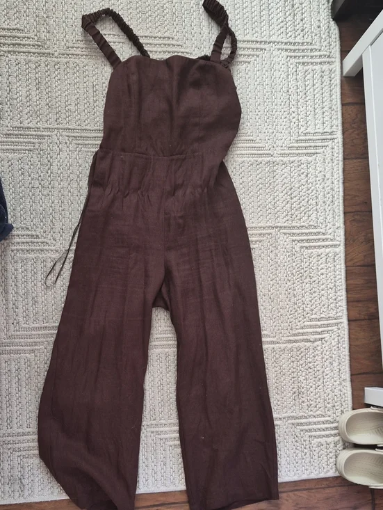 Reformation Dark Brown Linen Wide-Leg Jumpsuit with Ruffled Straps