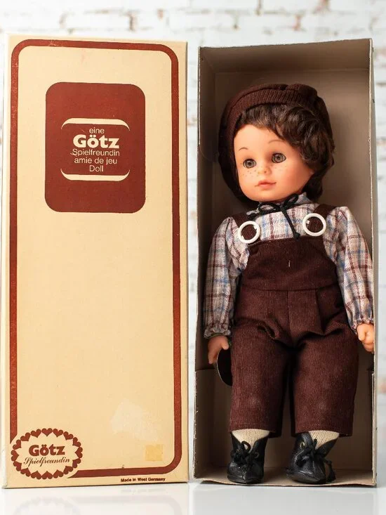 Vintage Götz Weichbaby Doll West Germany Boy Brown Overalls in Box Sleep Eyes