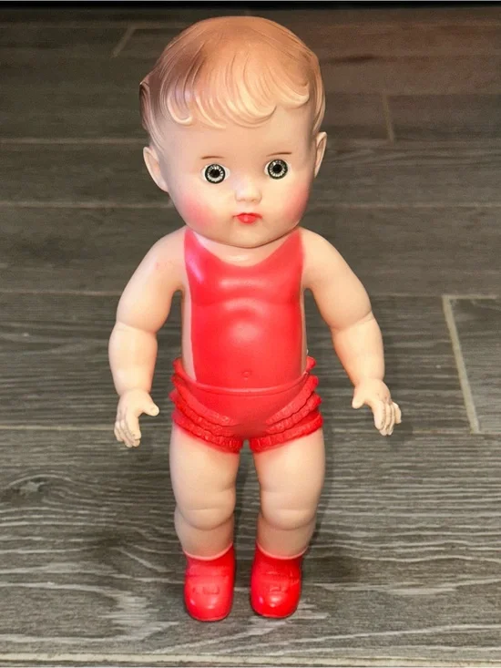 Vintage 1956 The Sun Rubber Co. Girl Doll Light Brown Wavy Hair Green Eyes