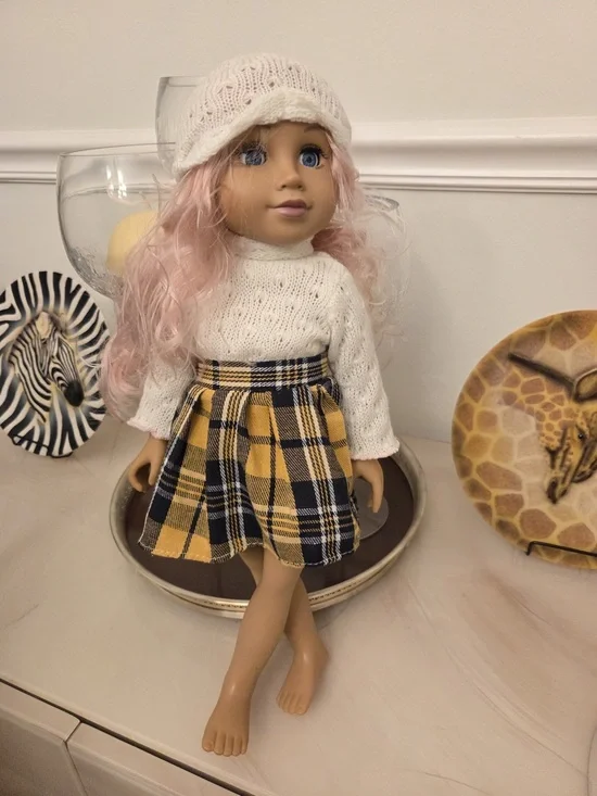 18 in Girl Play Doll Pink Wavy Hair Blue Eyes Removable Outfit & Hat