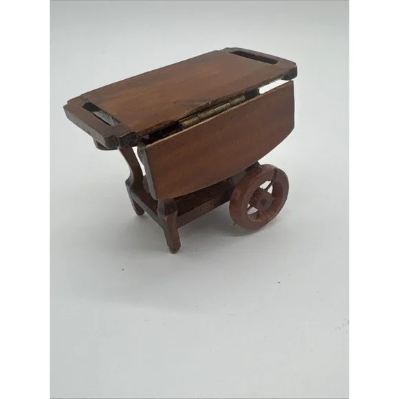 Vtg Dollhouse Miniature Wooden Tea Cart Serving Table On Wheels Furniture