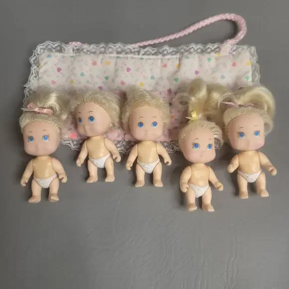 Tyco Quints Set of 5 Tiny Baby Dolls 1990 Vintage Bunting Sleeping Bag
