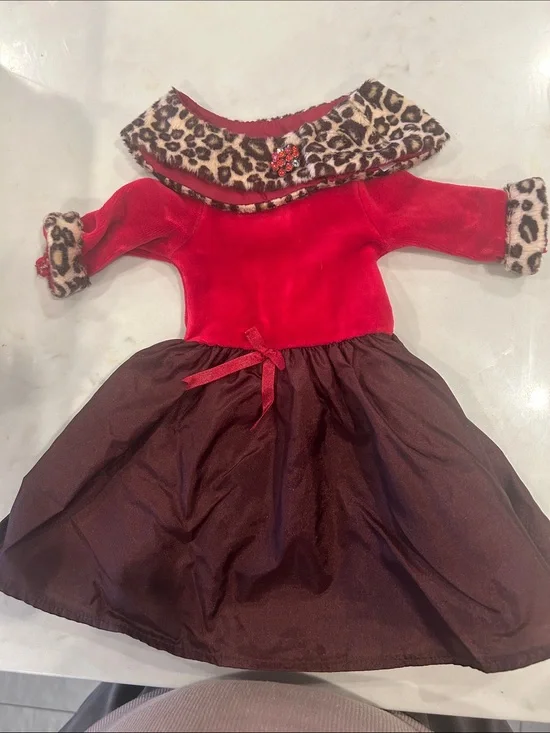 Red Velvet American Girl Doll Dress with Leopard Trim
