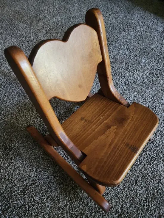 FOLDING Solid Wood Vtg Child Doll Rocking Chair Heart Shape Cottage Core Country