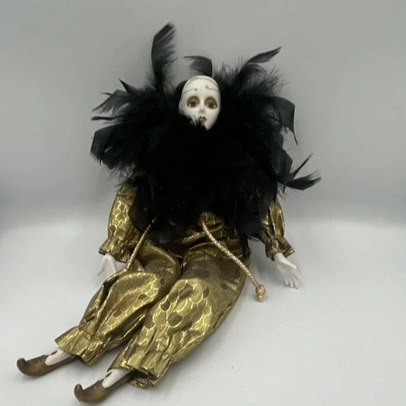 Silvestri Corp Porcelain Doll Gold Outfit Black Feather Collar Light Complexion
