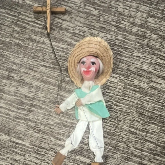 String Marionette Puppet w/ Wooden Cross Controller, Straw Hat, Green Vest