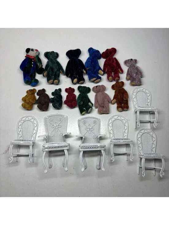 Lot of 12 Vintage Little Gem Miniature Teddy Bears Chu-Ming Wu 1995 Wire Chairs