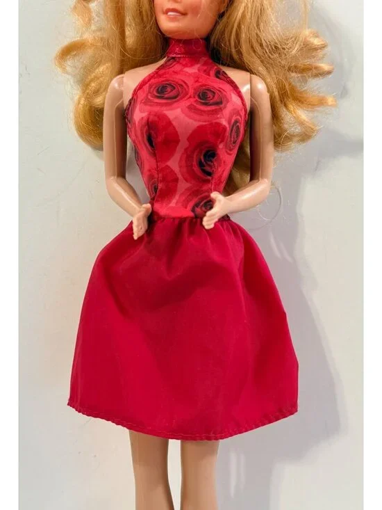 Vintage Barbie Red Rose Halter Top Dress Clothing Mattel