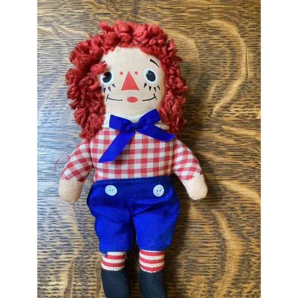 Vintage Raggedy Andy 7 Inch Mini Plush Cloth Doll Red Yarn Hair Gingham Shirt