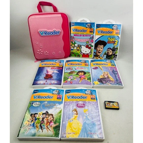 VTech V.Reader Pink Case 8 Game Lot Hello Kitty Toy Story Disney Princess Olivia