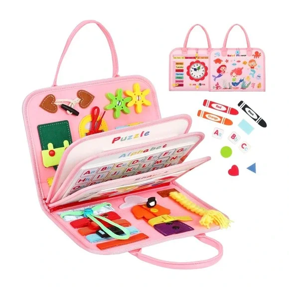 Quiet Flower Busy Board Toddler Sensory Toy Mermaid Pink 89PCS