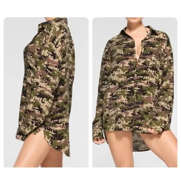 SKIMS Size XS Long Sleeve Button Up Swim Cover Up Logo Camo Army TP-SHR-3493 NWT