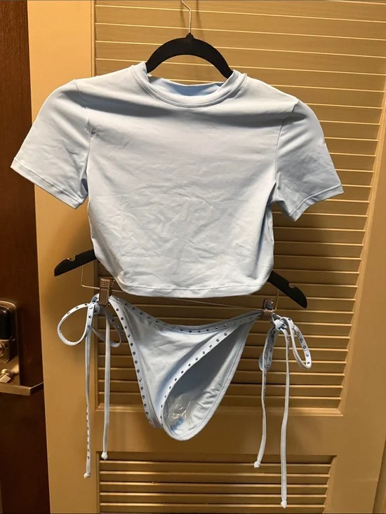 SKIMS Light Blue Two-Piece Bikini Set with Crop T-Shirt Top