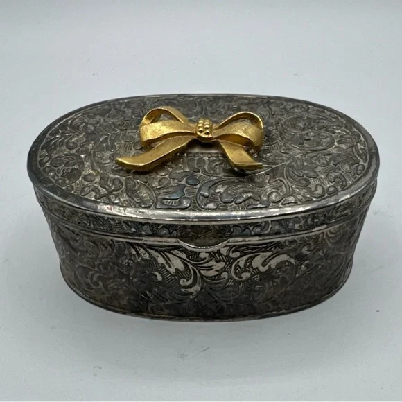 Victorian Style Silver Plated Trinket Box 1 3/4x4 inches With Red Insert Velvet