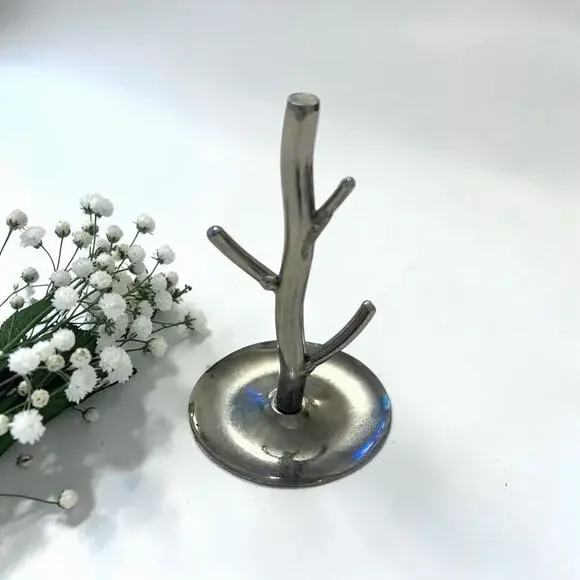 Vintage Jewelry Tree Holder Metal Silver Chrome Ring Dish 3” 3701/66