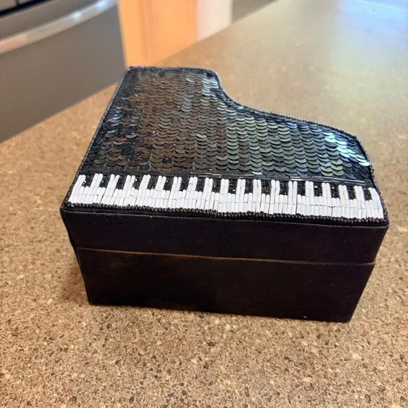 Grand Piano Sequin Beaded Jewelry Trinket Box Black White