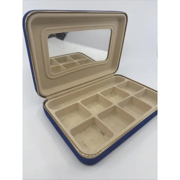 Vintage Clam Shell Blue Velvet Hinged Travel Jewelry Box Organizer 9x4