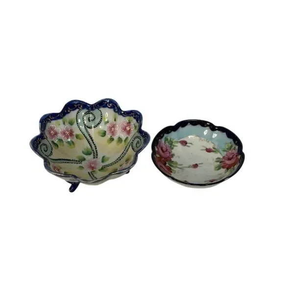 2 Trinket Dishes Blue Floral (1 Dish Footed) Japan