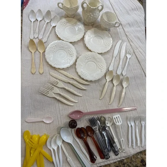 Vintage Toy Tea Set and Play Kitchen Utensils Lot Grape Pattern Plastic Retro