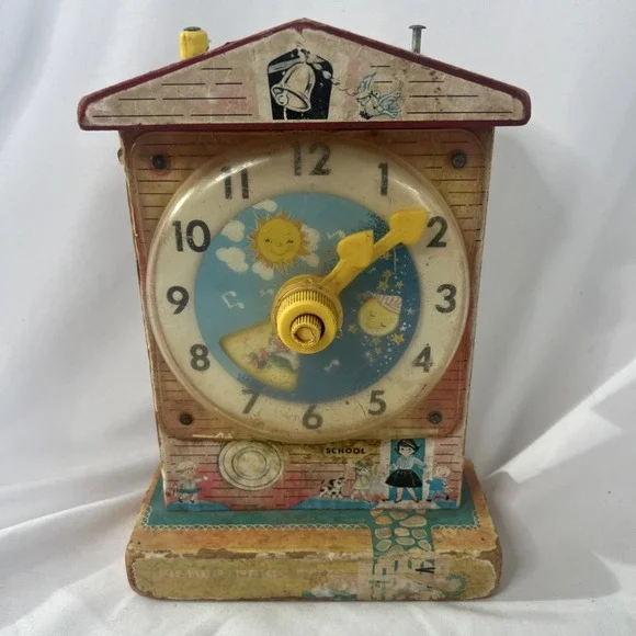 1968 Fisher Price Music Box Teaching Clock 998 School Toy Vintage‎ WORKS FAIR