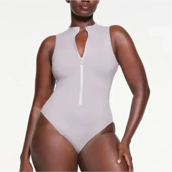 Skims Recycled Swim Sleeveless One Piece Chrome Silver Gray M NWT