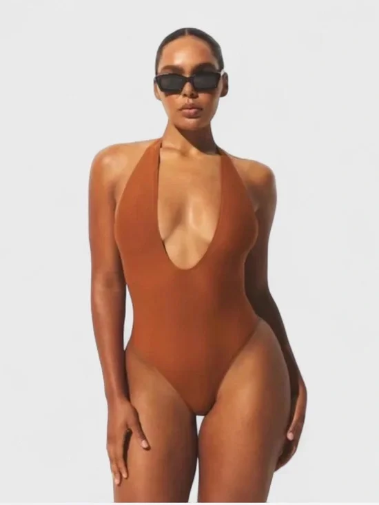SKIMS *NWT CLASSIC SWIM DEEP PLUNGE ONE PIECE | COLOR: BRONZE I SIZE: L