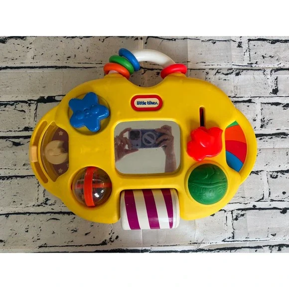 Vintage Little Tikes Yellow Baby Activity Center Crib Toy Mirror Sensory Rattle