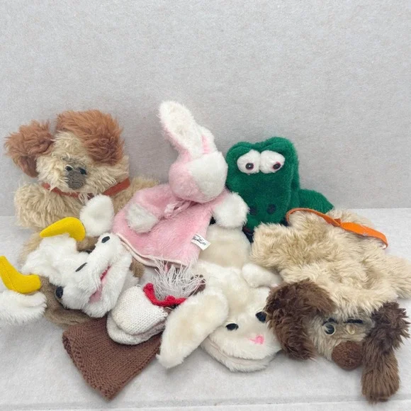 Vintage 1970s Russ Berrie Plush Hand Puppets Lot Allie Gator‎ Dog Cow Bunny 7pc