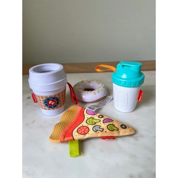Fisher-Price Mini Me Moments Crinkle Pizza, Coffee Cup, Water Bottel Doughnut
