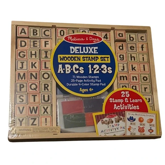 Melissa & Doug Deluxe Wooden Stamp Set ABCs 123s 71 Stamps 25 Page Activity‎ Pad
