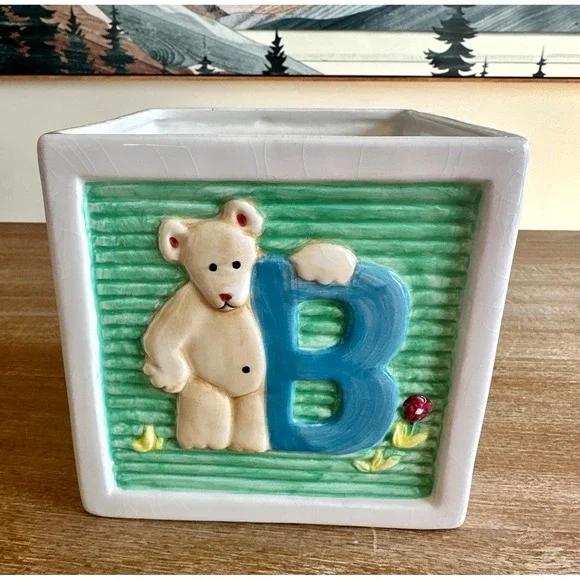 Vintage LBK‎ Ceramic Alphabet Baby Block Planter Nursery Decor ABC Animals