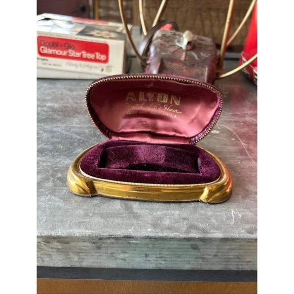 Vtg 1950s Alton Watch Box Case Zipper Velvet Purple Burgundy Noble USA Art Deco