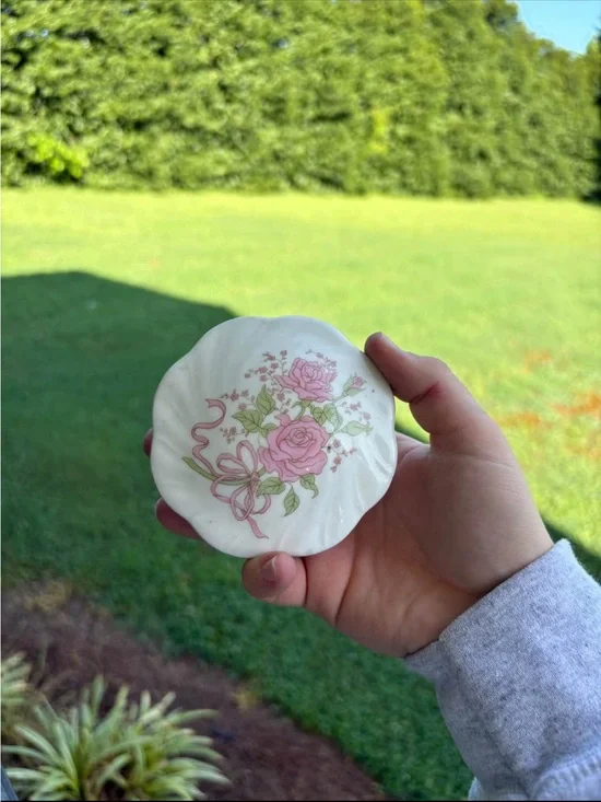 Vintage Floral Porcelain Trinket Dish - Pink Rose Motif