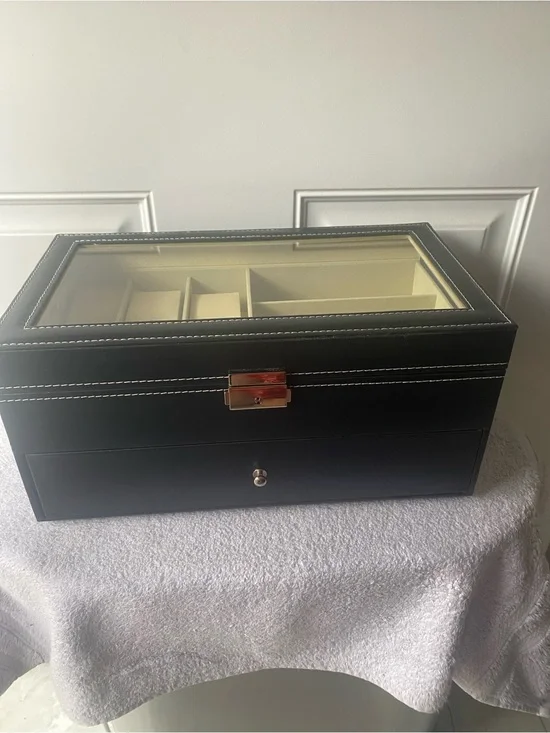 Black Jewelry/Watch Organizer Box with See-Through Top White Stiching EUC